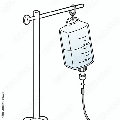 Medical intravenous drip bag hanging from an iv stand with a clear fluid and tubing for treatment