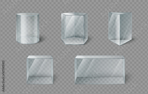 Glass box museum display cases with transparent cylindrical, hexagonal and rectangular showcases for exhibition designs. Crystal clear vitrines for artifacts or collectibles. Modern gallery pedestals