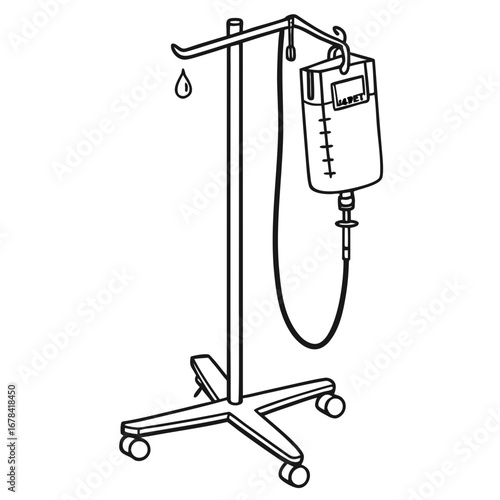 Simple black and white line drawing of an iv drip stand with a bag and tubing for medical treatment