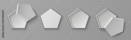 Realistic pentagonal box mockup top view, white cardboard packaging containers and open lids for product design. Empty geometric templates with shadows. Gift storage for branding or presentation.