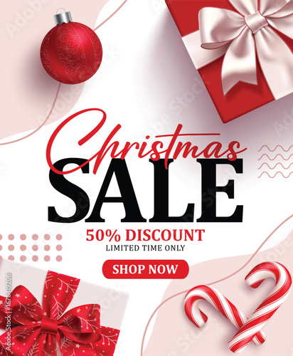 Christmas Sale poster clipart. Christmas Sale limited time offer poster card template clip art in abstract background with xmas elements like gift boxes, ball and candy cane holiday season shop flyers