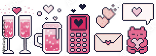 Pixel Valentine day retro set with champagne glasses, pink hearts and love phone for romantic game. 8 bit drink mug, envelope with speech bubble and cute teddy bear for dating app or February greeting