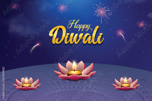 Happy Diwali With Flower Shaped Diya And Fireworks On Blue Background. Indian Hindu Festival Concept For E-commerce Greetings, Poster, Banner Etc.