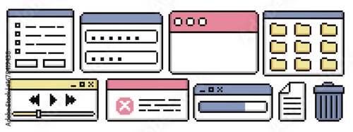 Pixel UI elements with frames and browser windows, media player and folder grid for retro interface design. 8 bit error dialog, loading bar with document icon. Vintage operating system or game menu.