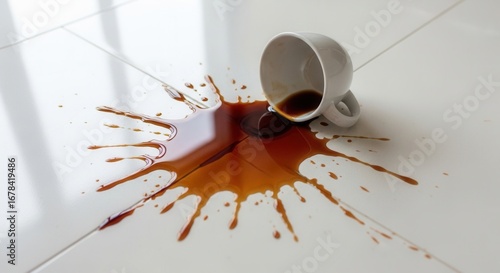 Spilled coffee cup on white floor showcasing accident and carelessness in daily life