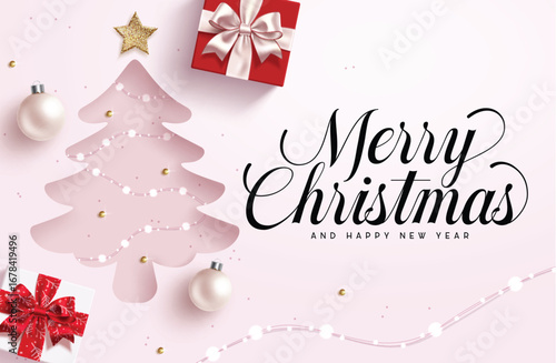 Merry Christmas greeting card clipart. Wishing Merry Christmas and happy new year with pine tree paper cut, xmas lights, ball and gift box decoration elements clip art Christmas card poster design 