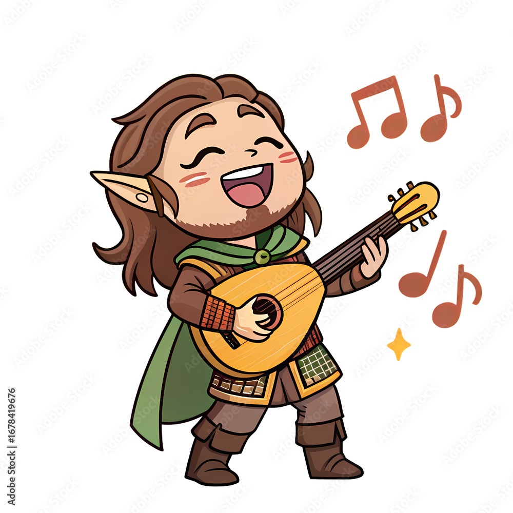 Fototapeta premium Chibi Sticker Bard Adventurer, Isolated on transparent background