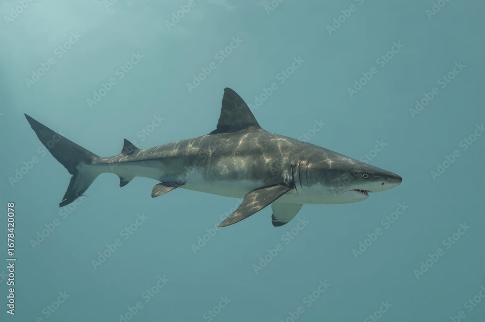 Fototapeta premium Caribbean reef shark swimming, ocean background, marine life