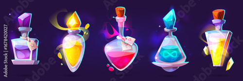 Potion bottle game assets with glowing elixirs in flask and vial for fantasy RPG design. Magical liquids with cork stoppers. Alchemist containers for wizard adventures or spell crafting interfaces.