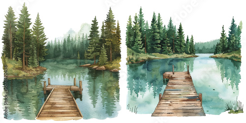 forest lake with wooden dock watercolor vector illustration