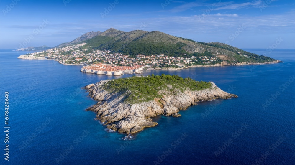Fototapeta premium Coastal Croatian island, azure waves kissing rocky shores, ideal for ancient Slavic Perun festivals and hidden lagoon retreats