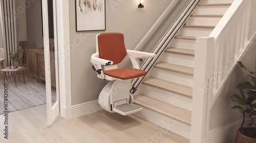 Modern stair lift providing safe and comfortable mobility for seniors in a beautifully designed home interior, Generative AI.