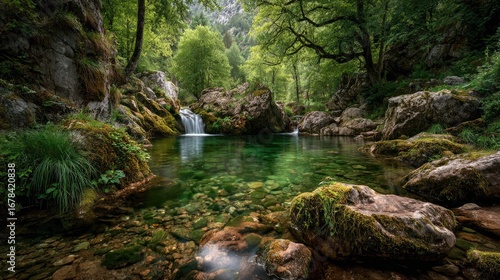 Crystal-clear mountain stream, lush forest, tranquil scene