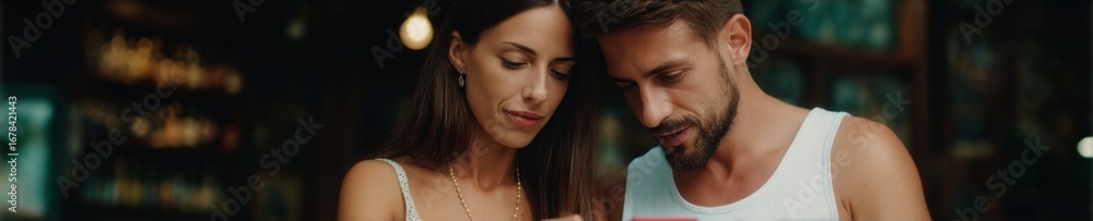 Obraz premium A couple, Mediterranean woman and Caucasian man, chats secretly during International Friendship Day, blending digital camaraderie with hidden whispers