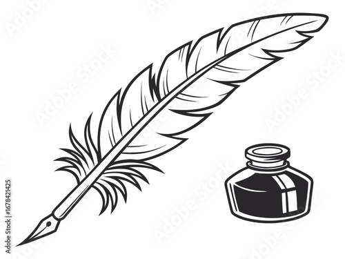 Illustration of a quill pen with a feather and an inkwell filled with ink on a white background created with generated ai