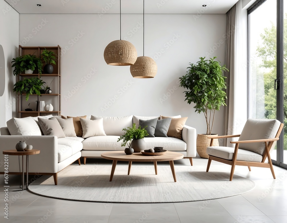 Fototapeta premium Modern, minimalist living room with natural elements