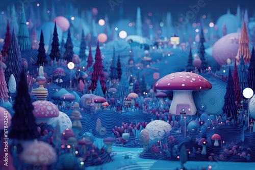 A whimsical, 3D fantasy landscape