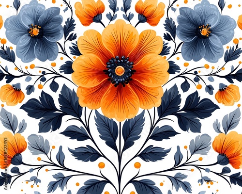 An elegant and vibrant folk art floral pattern featuring symmetrical orange and blue blooms with intricate leaves on a clean white background