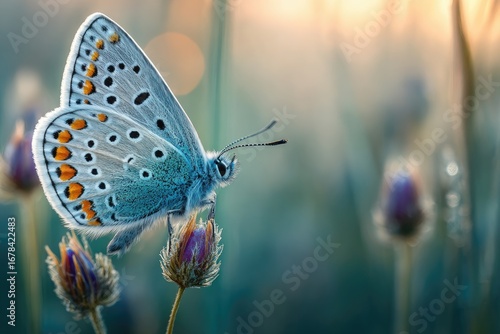 Light-blue butterfly perched on flower