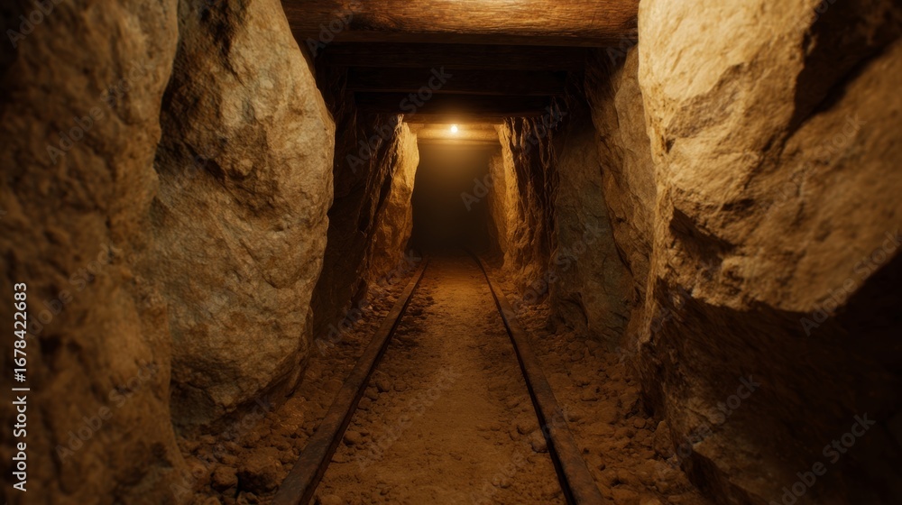 Obraz premium Ancient gold-seekers' passageway whispers subterranean tales, evoking Miners Day, Earth science mysteries with secrets cloaked in shadows
