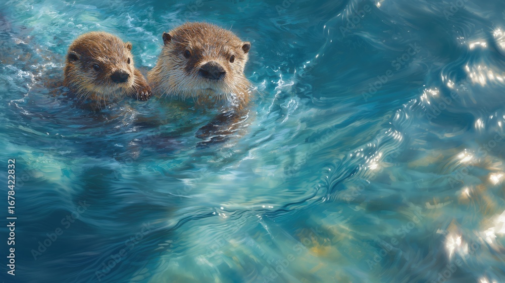 Fototapeta premium Collaboration in Nature Two Otters Swimming Together in Clear Blue Water