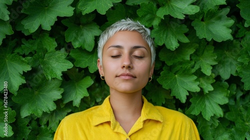 Serene Latina woman in lemon-yellow blouse dreams amid verdant foliage, echoing Dia de la Raza and Earth Day reflection