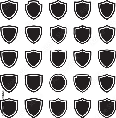 Collection of twenty five black shield icons with white outlines on white background symbol security