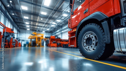 Powerful red truck parked inside a modern brightly lit industrial warehouse with yellow lane markers, Generative AI.