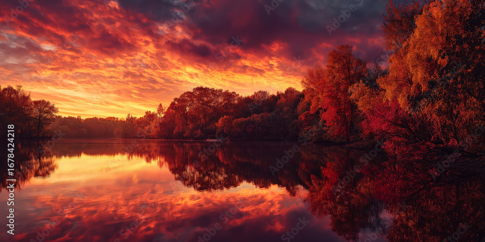 Obraz premium Fiery autumn sunset over calm lake surrounded by trees with red and yellow leaves, reflections on water