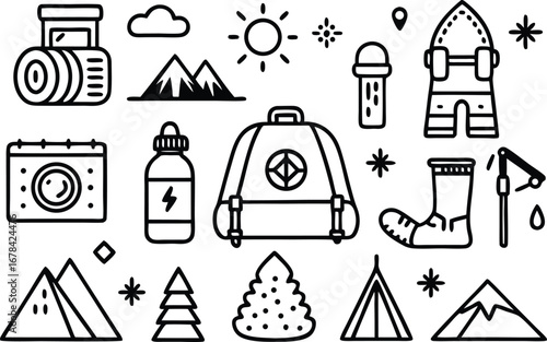 Cohesive set of 24 camping themed icons featuring outdoor adventure elements isolated on transparent background