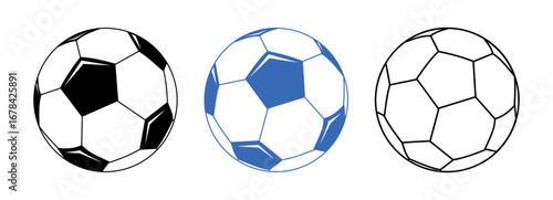 Soccer ball icon set. Football sign.  Soccer Symbol.  Set of Soccer Balls or Football Ball in Black, Blue and Outline Design
