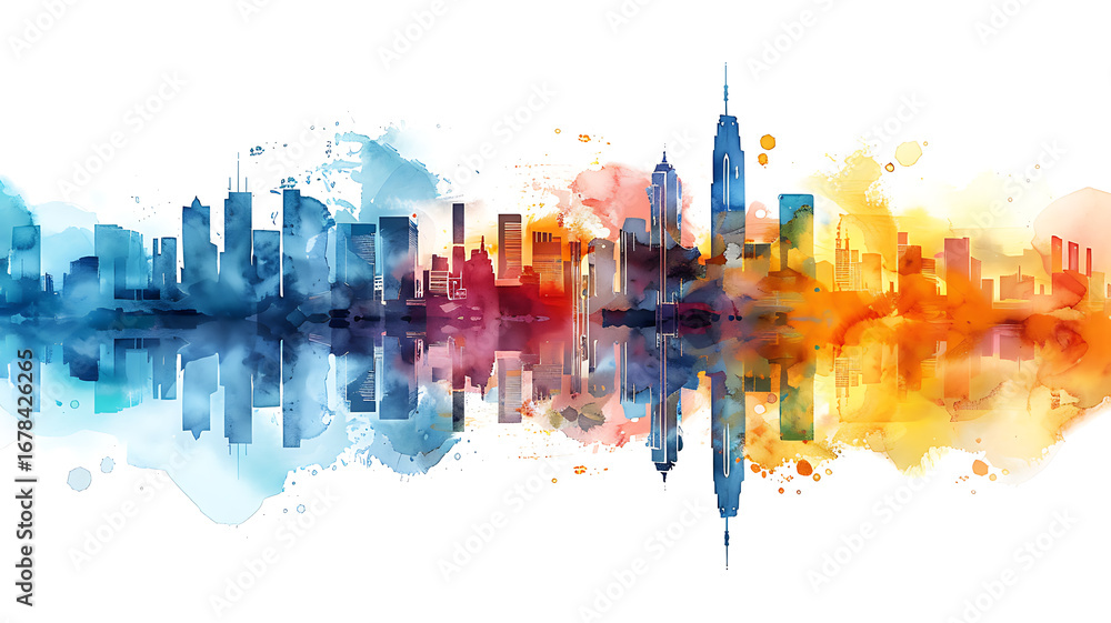 Obraz premium Watercolor Cityscape Panorama with Reflections: Urban Skyline Art in Blue, Orange, and Yellow Hues.