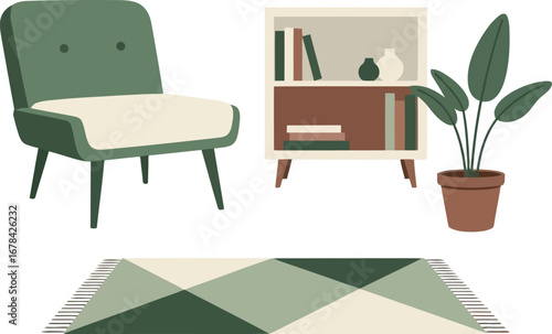 Cozy living room scene with armchair bookshelf and potted plant minimalist interior design vector