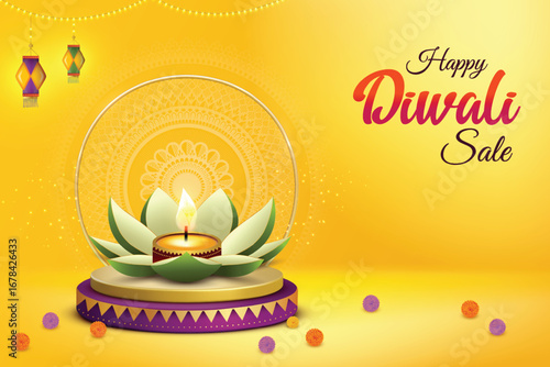 Happy Diwali With Flower Shaped Diya And Hanging Paper Lantern Lights On Yellow Background. Indian Hindu Festival Concept For E-commerce Greetings, Poster, Banner Etc.
