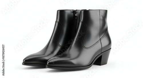Black leather ankle boots with zipper detail, white background