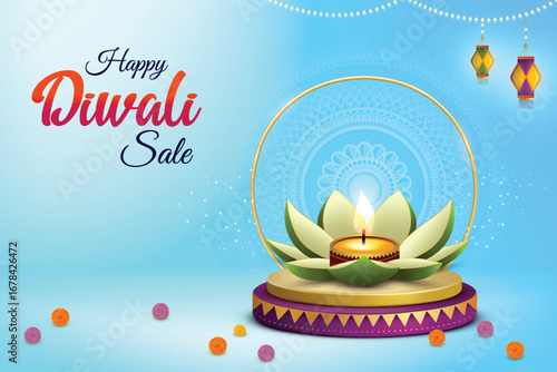 Happy Diwali With Flower Shaped Diya And Hanging Paper Lantern Lights On Blue Background. Indian Hindu Festival Concept For E-commerce Greetings, Poster, Banner Etc.