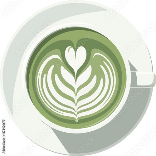 Green matcha latte art with heart design in white cup top view healthy beverage frothy drink vector