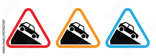Steep uphill slope moving car warning sign on mountain road. Red triangle background.Warning signs. traffic training. traffic rules. Traffic signs. road signs. information traffic signs

