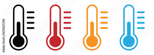 Thermometer icon. Hot, cold temperature vector. Warm, freeze weather. Celsius, Fahrenheit degree.Four thermometers show temperature readings in vibrant colors