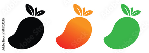 Simple mango icons in black, orange gradient, and green,Mango icon, fruit and tropical, vector graphics, a linear pattern. Mango icon White black backgrounds,Mango fruit vector icon
