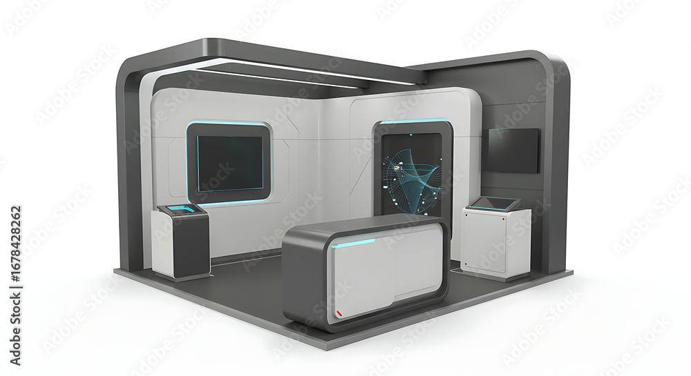 Fototapeta premium Futuristic exhibition booth design with interactive displays showcasing modern technology solutions