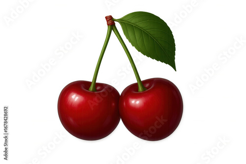 Vivid and fresh image of two shiny red cherries with green leaves on transparent stems