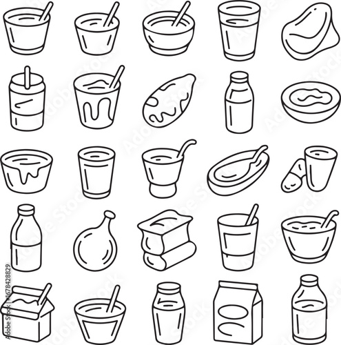 Collection of black and white line art icons of dairy products and drinks milk yogurt