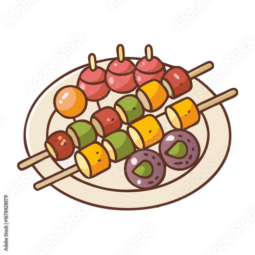 Skewers with assorted food in cartoon style