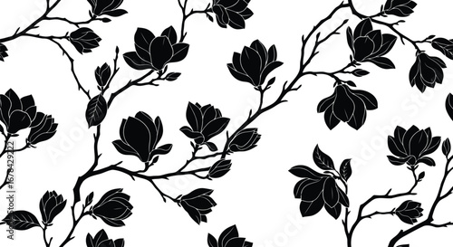 Elegant black magnolia floral pattern seamless wallpaper vector art botanical blossom branches botanical design vector
