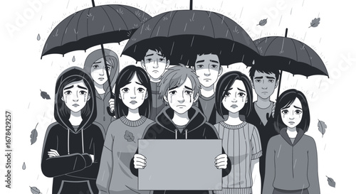 Monochrome Illustration of Distressed Young Adults Crying in the Rain Holding a Blank Sign