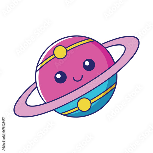 Cartoon planet character with ring and happy face