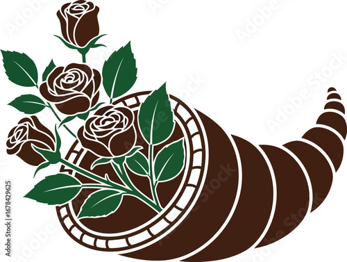 Cornucopia overflowing with blooming roses and lush green leaves vector illustration vector