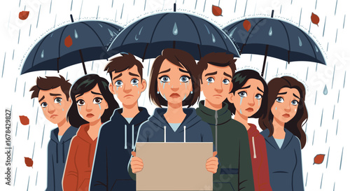 Distressed Young People Standing in Rain with Umbrellas and a Blank Sign, Expressing Sadness and Concern