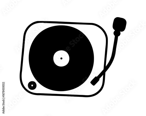 Minimalist black and white illustration of a record player with a vinyl record